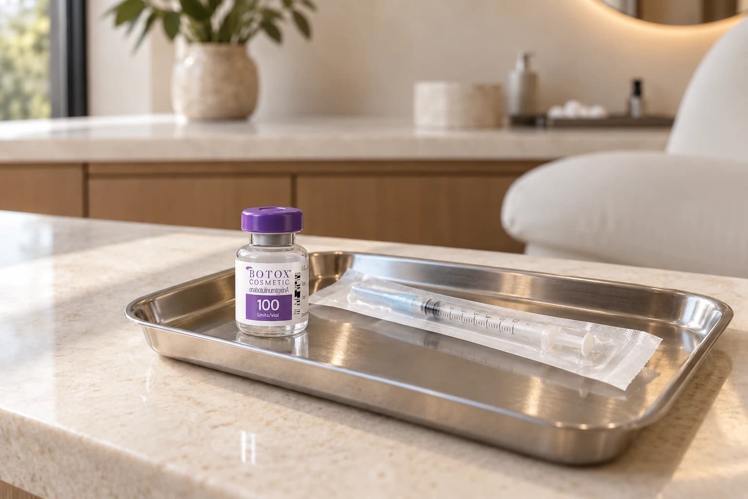 Vial de BOTOX Cosmetic con tapa violeta y etiqueta visible, junto a una jeringa en su envase sellado.